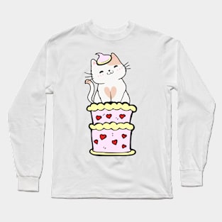 Funny white cat jumping out of a cake Long Sleeve T-Shirt